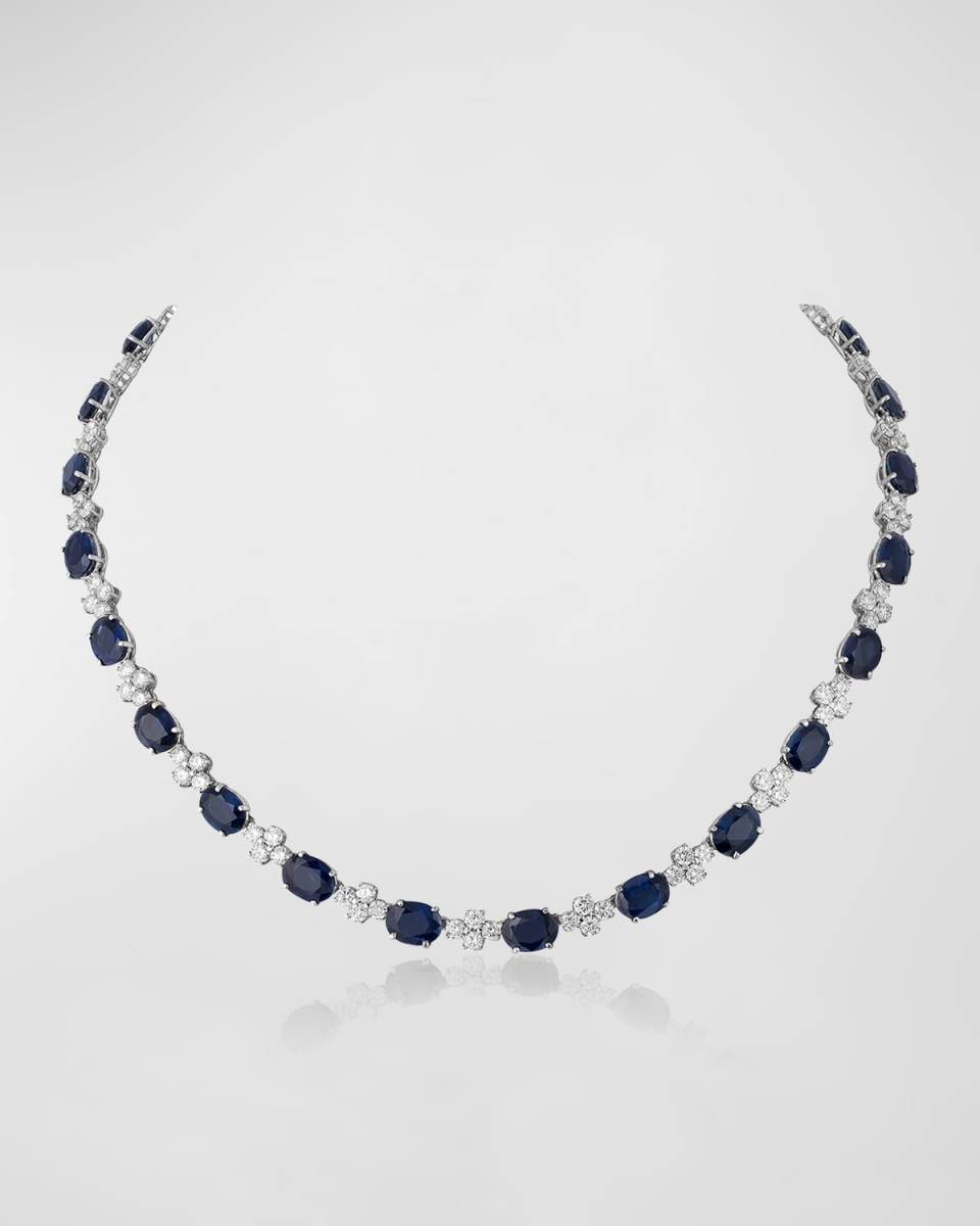 18K White Gold Diamond Quad and Blue Sapphire Necklace